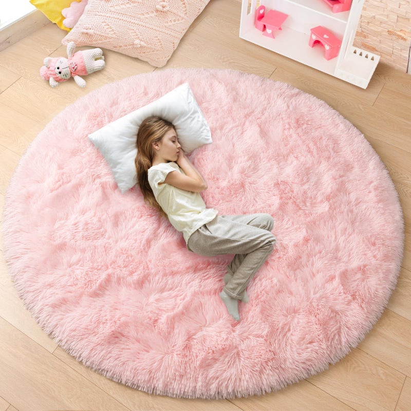 junovo Pink Round Rug 4x4 Feet Fluffy Soft Area Rugs for Kids Girls Room Princess Castle Plush Shaggy Carpet Cute Circle Nursery Rug for Girls Bedroom Baby Home Decor Circular Carpet - Image 1